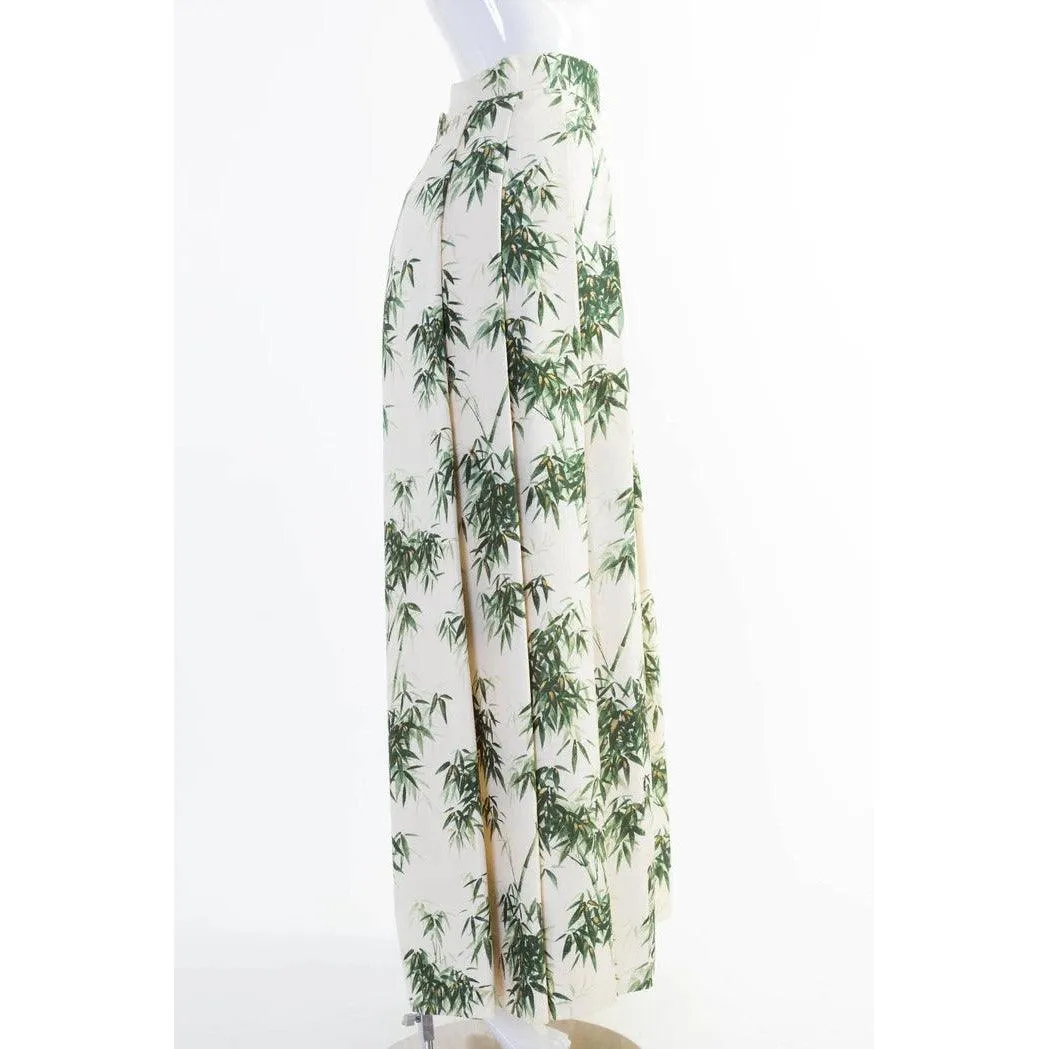 1960s Couture Silk Bamboo Ivory Green & Gold Leaf Print Maxi Side Pleat Skirt | Small