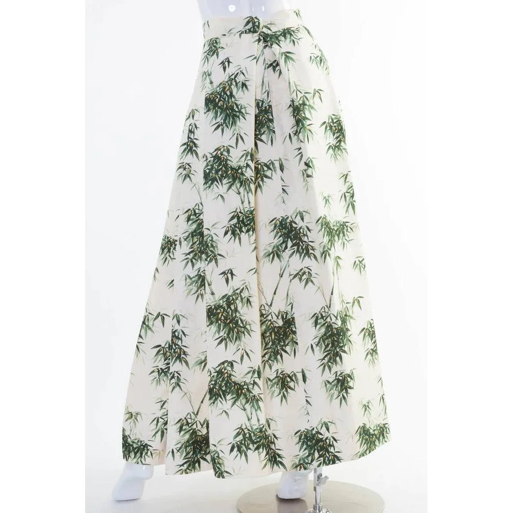 1960s Couture Silk Bamboo Ivory Green & Gold Leaf Print Maxi Side Pleat Skirt | Small