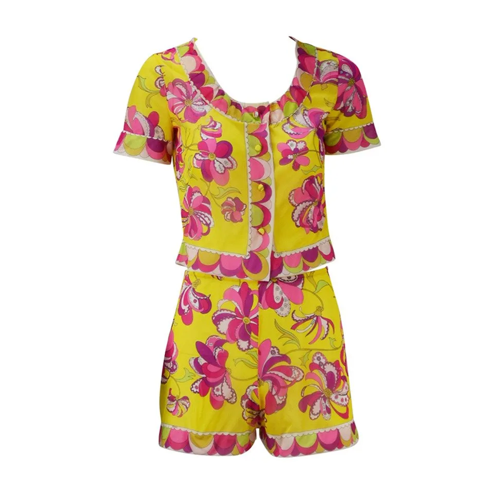 1960s Emilio Pucci for Formfit Rodgers Yellow and Pink Lounge Short Set