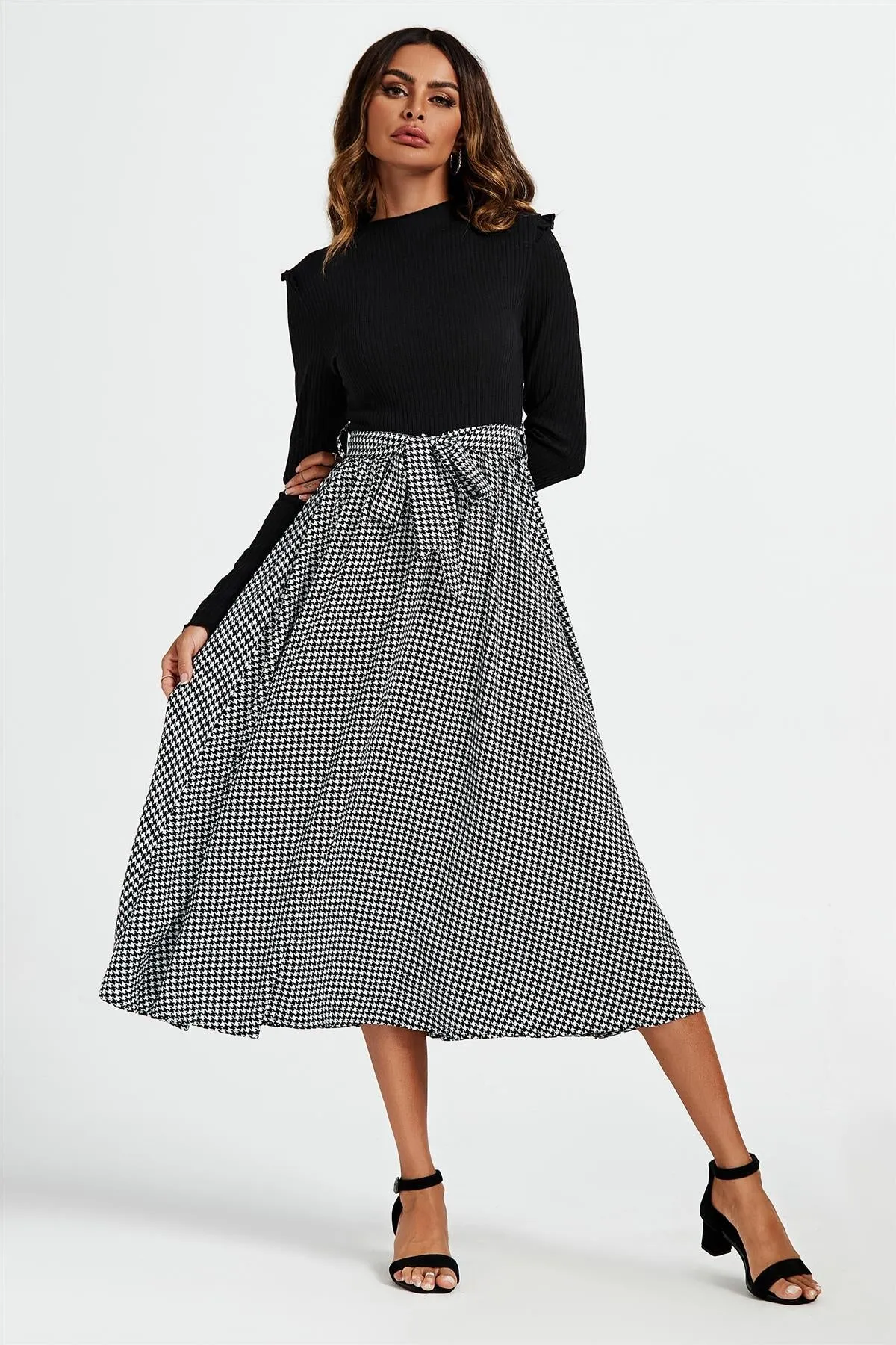 2 In 1 Black & White Houndstooth Printed Midi Dress