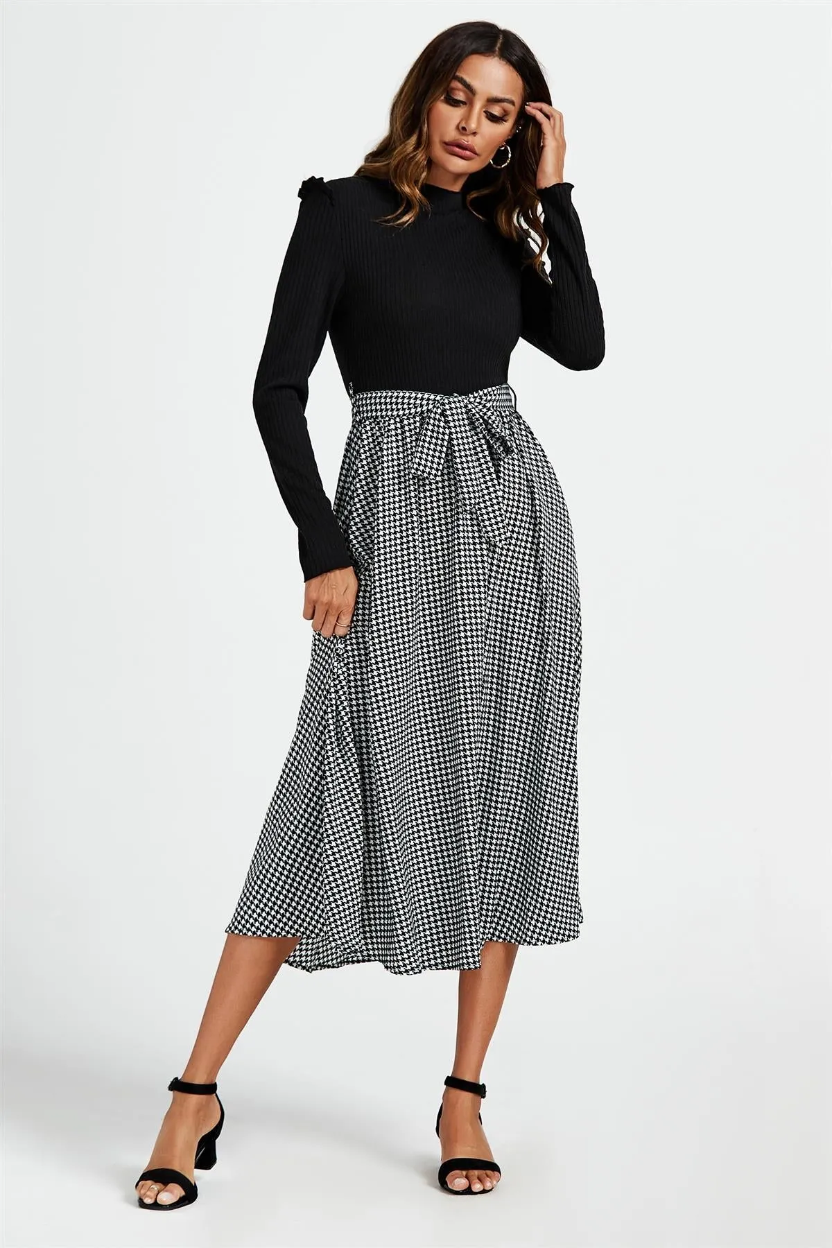 2 In 1 Black & White Houndstooth Printed Midi Dress