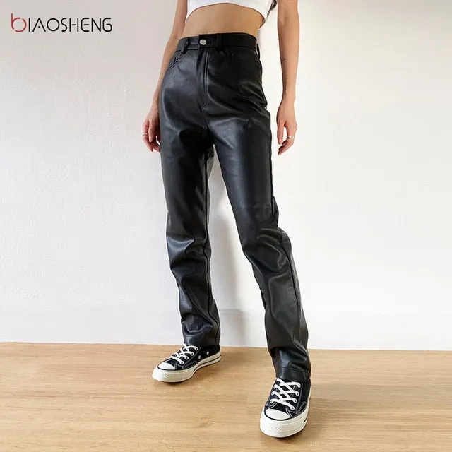 2021 Cargo Pants Women Black Faux Leather Pants High Waist Sizes S - XL