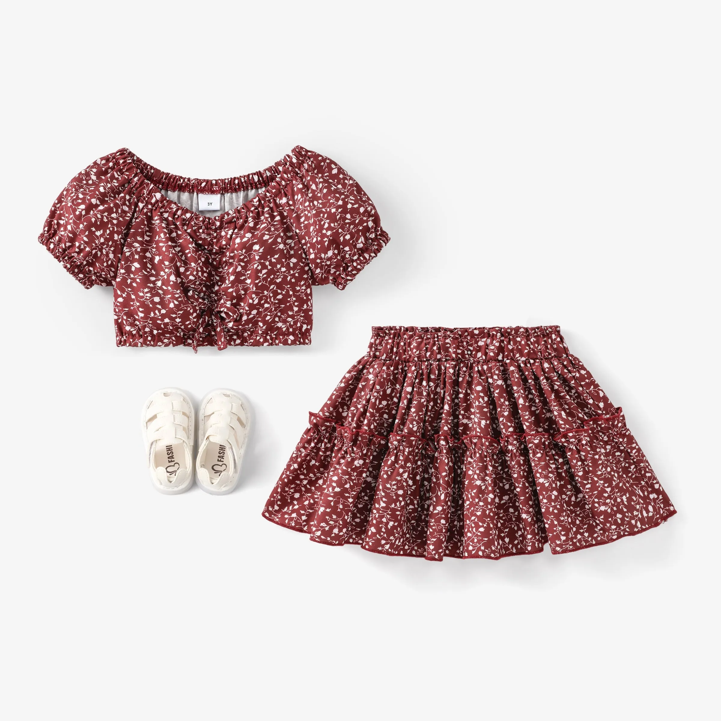 2pcs Toddler Girl Trendy Floral Print Tee and Layered Skirt Set