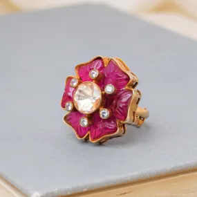 925 Silver Gold Plated Blooming Pink Folral  Adjustable Ring