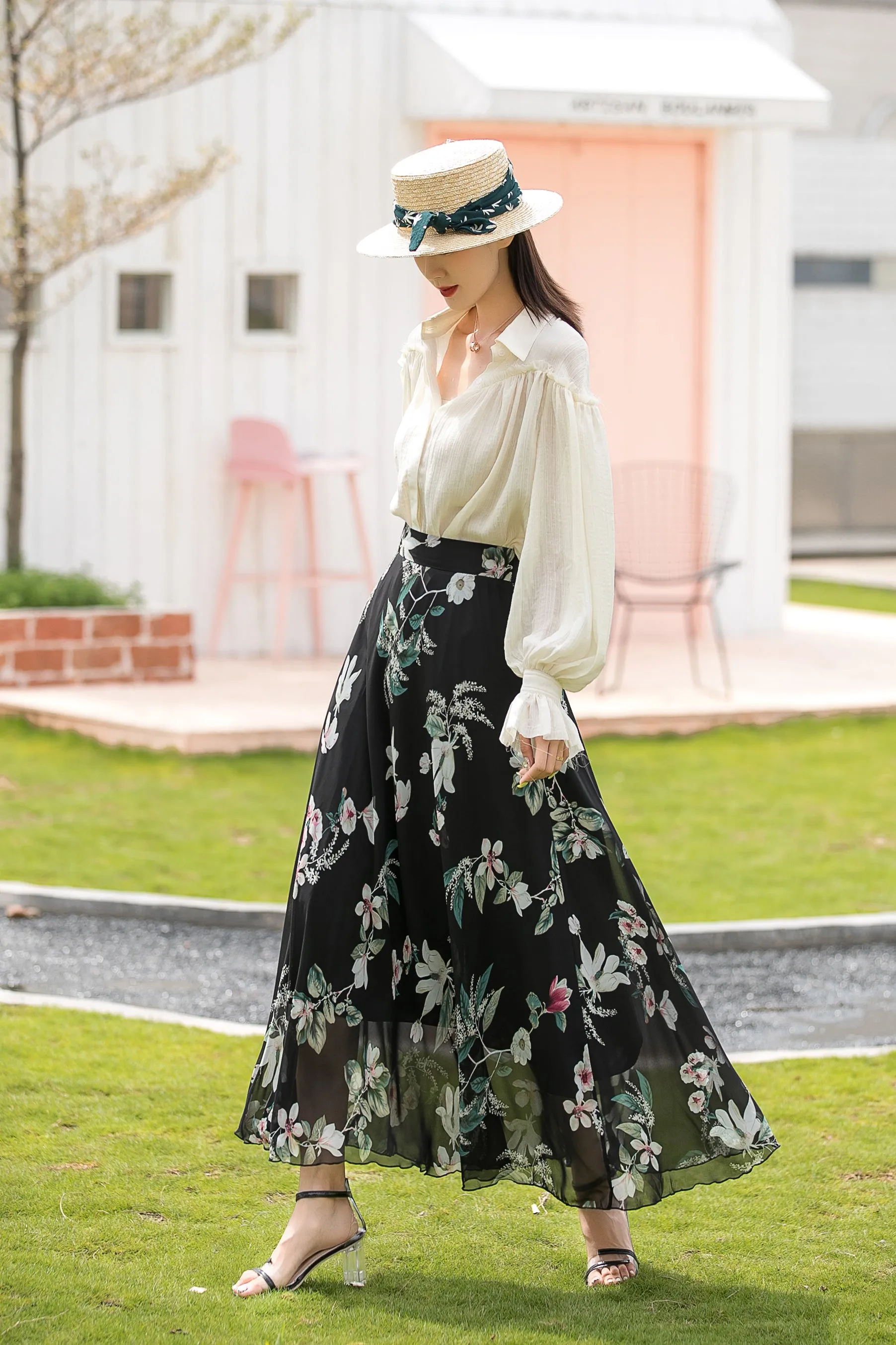 A Line Long Floral Print Chiffon Skirt 3020 #CK2101001