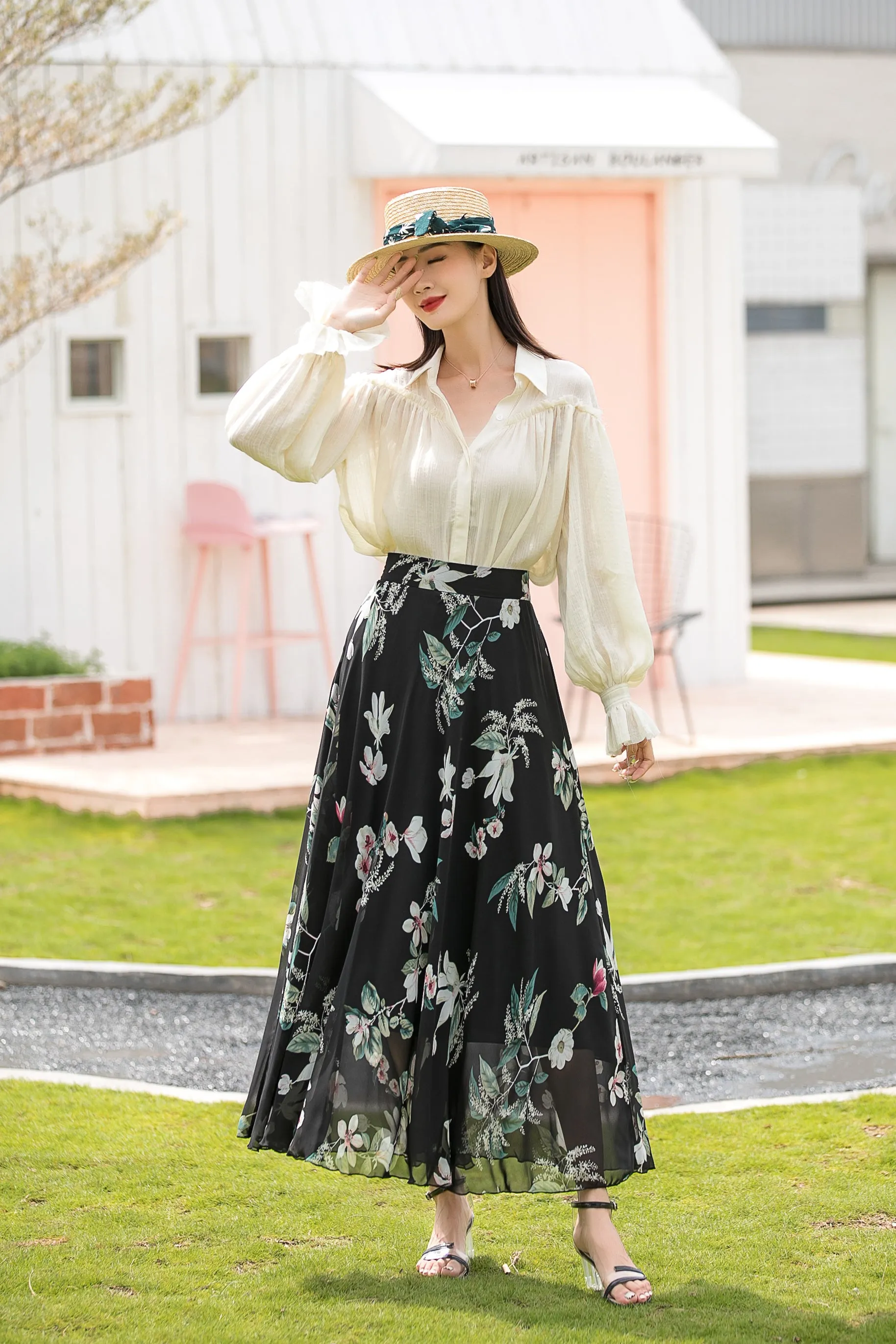 A Line Long Floral Print Chiffon Skirt 3020 #CK2101001