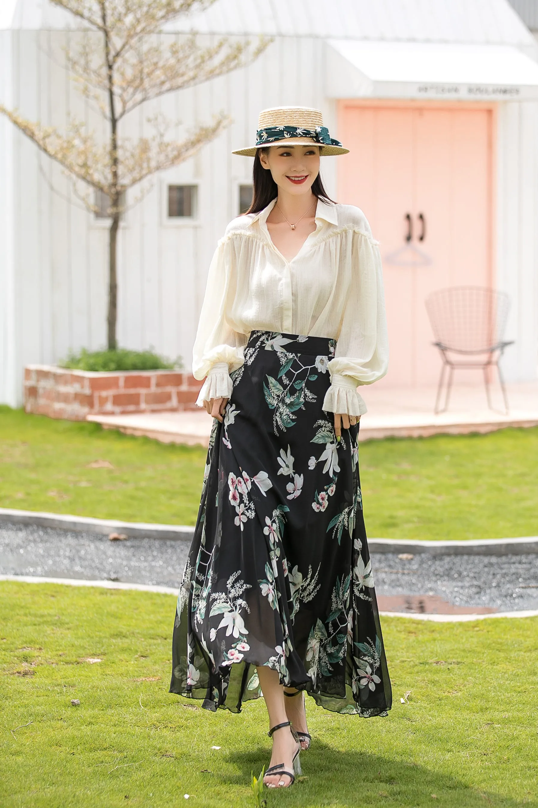 A Line Long Floral Print Chiffon Skirt 3020 #CK2101001