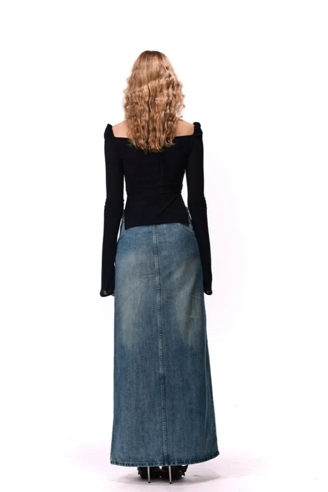 Asymmetric Denim MAXI Skirt