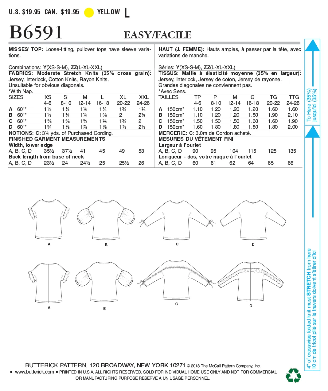 B6591 Misses' Top (Size: L-XL-XXL)