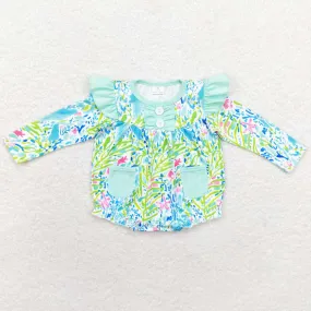 Baby Infant Girls Rompers Green Leaves Pockets Ruffles Rompers LR1353