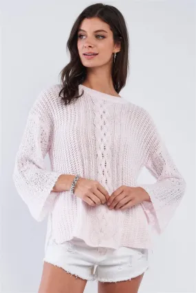 Baby Pink Cable Knit Relaxed Fit Ribbed Round Neckline Long Sleeve Side Slit Detail Sweater /4-2