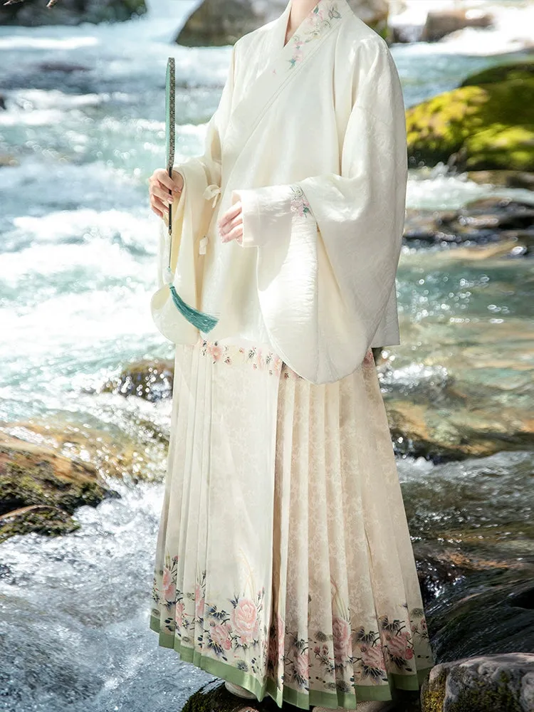 Bai Lu 白鹭 White Egret Ming Dynasty Embroidered Fangling Square Collar Jacket & Mamian Skirt Set