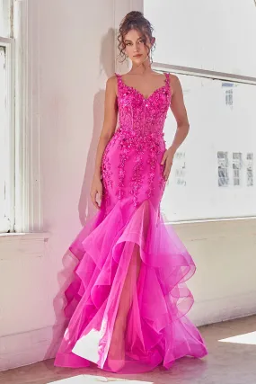 Beaded Sleeveless Ruffled Mermaid Dress by Ladivine CD331