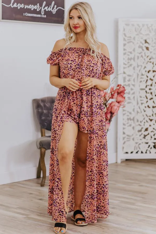 Before I Begin Leopard Puff Short Sleeve Front Slit Romper in Mauve