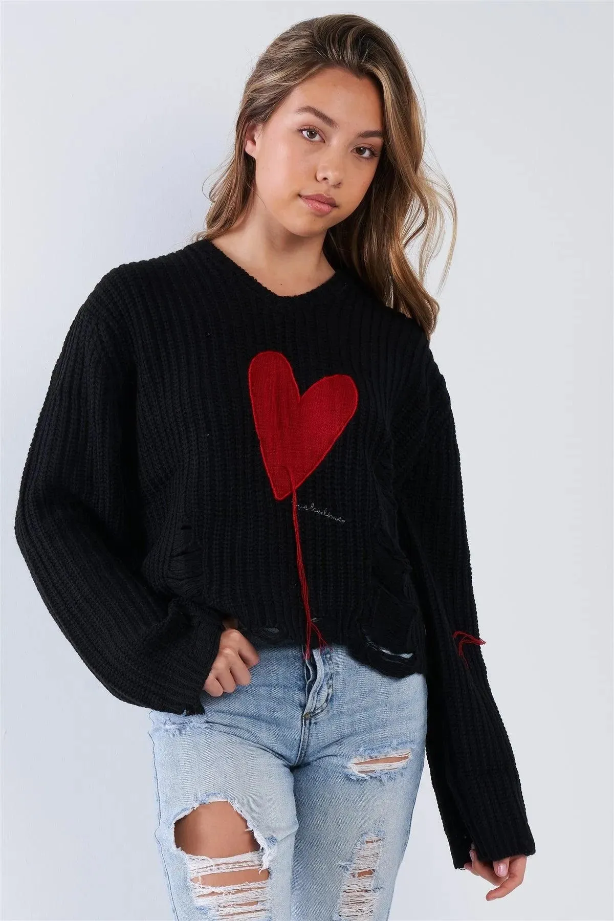 Black Over Size Fit Embroidered Heart Distressed Sweater