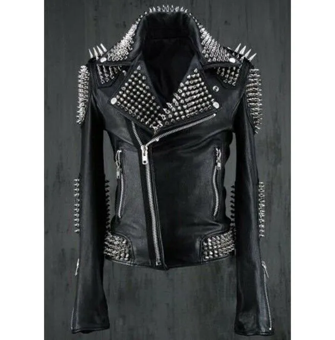 Black Punk Studded Leather Jacket - Handmade