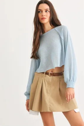 Blue Knit Long Sleeve Round Neck Crop Top /1-2-2-1