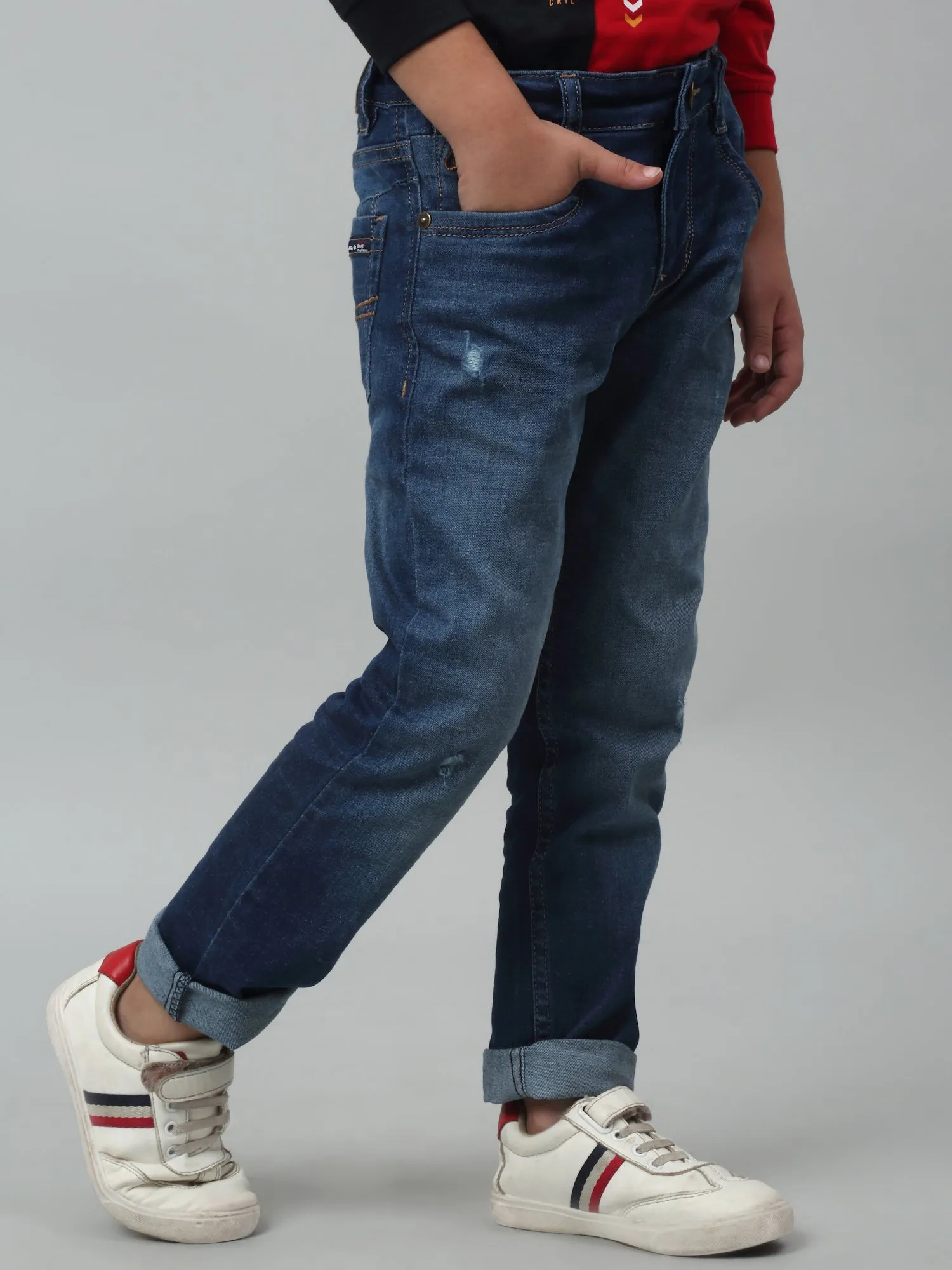 Boys Black Solid Cotton Denim Flat Front Mid Rise Full Length Casual Jeans