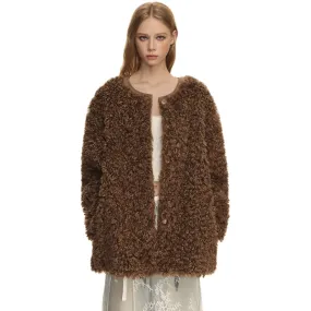 Brown Oversized Round Neck Sherpa Coat