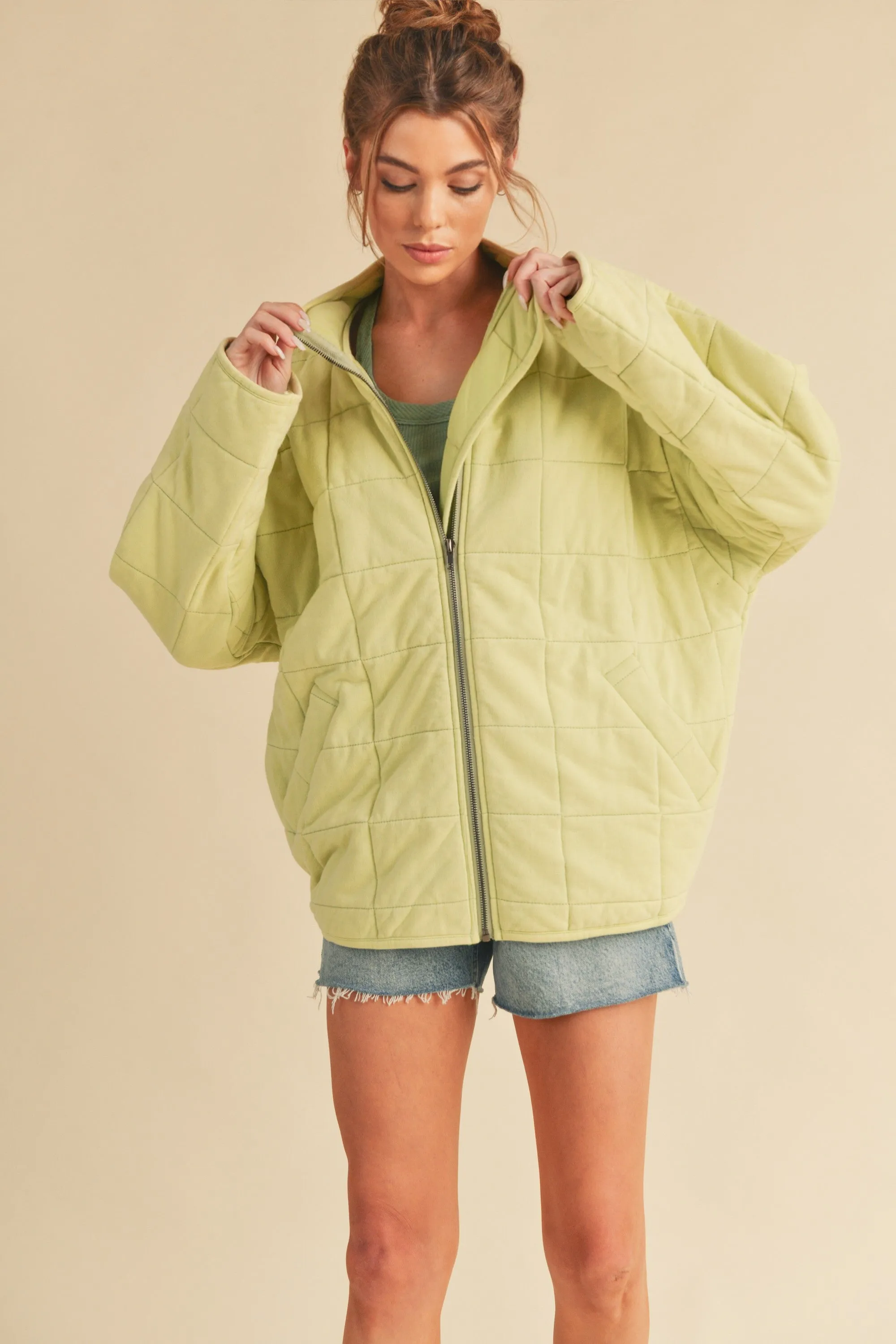 Brynne Quilted Dolman Jacket: Lime Green