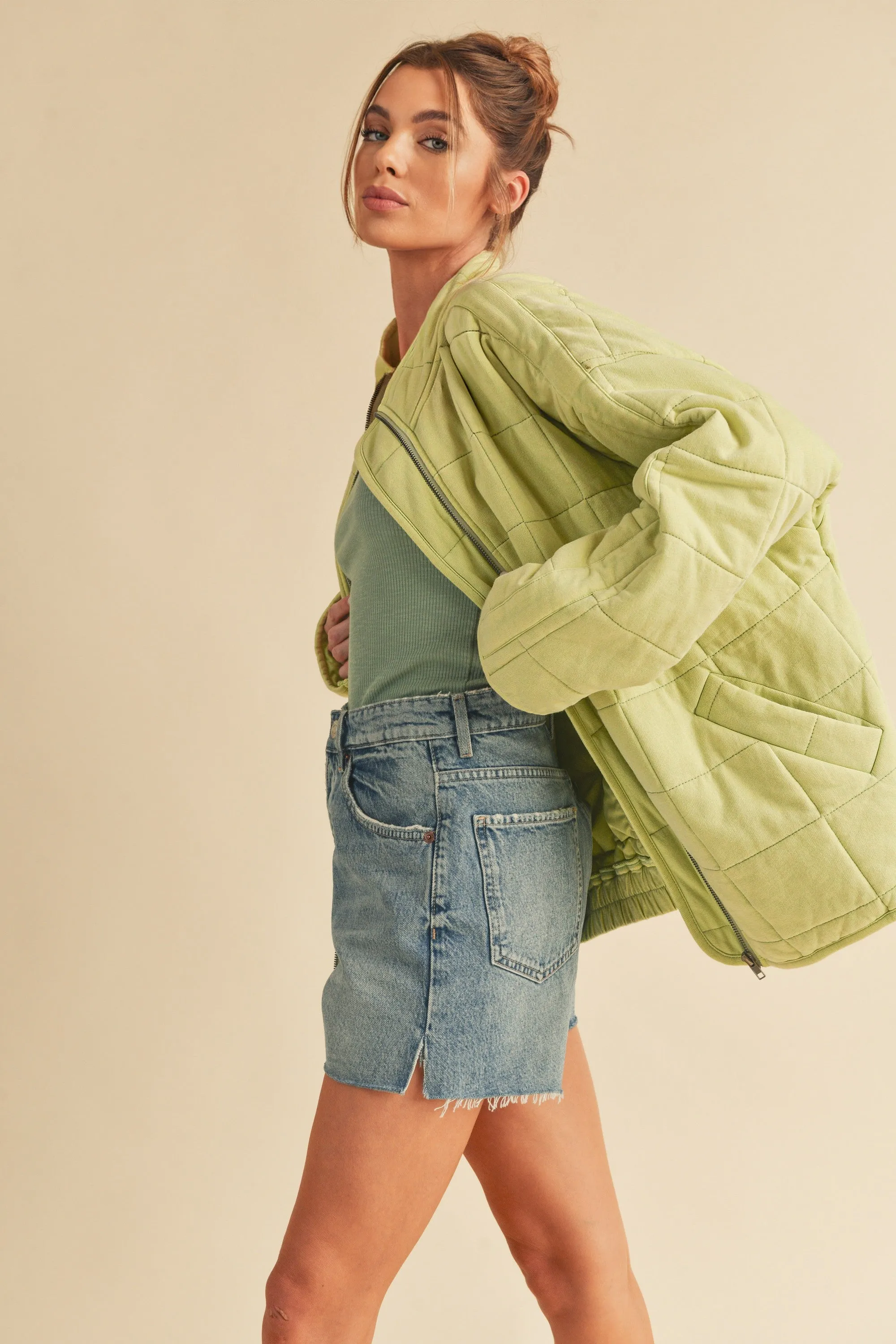 Brynne Quilted Dolman Jacket: Lime Green