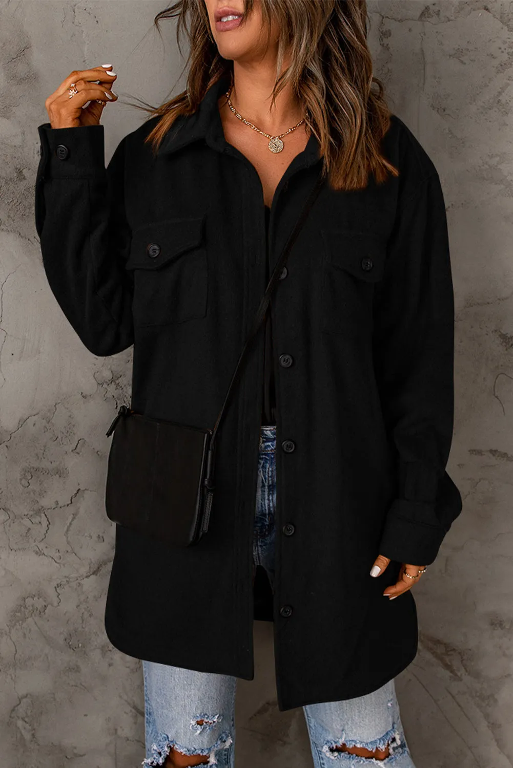 Button Down Longline Shirt Jacket with Pockets