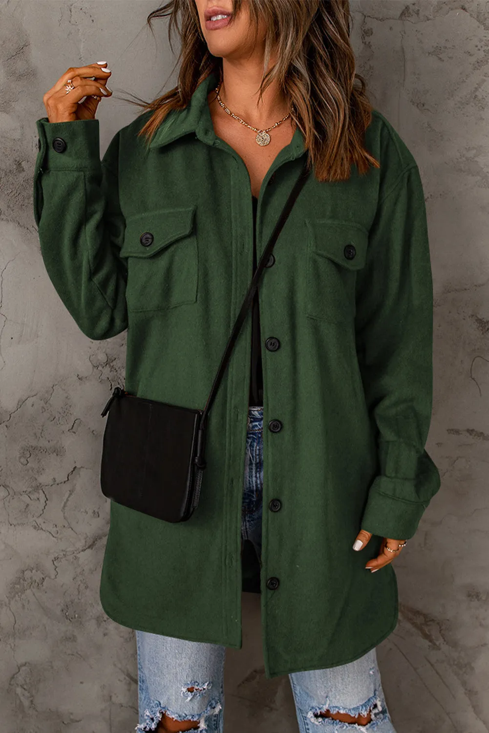 Button Down Longline Shirt Jacket with Pockets