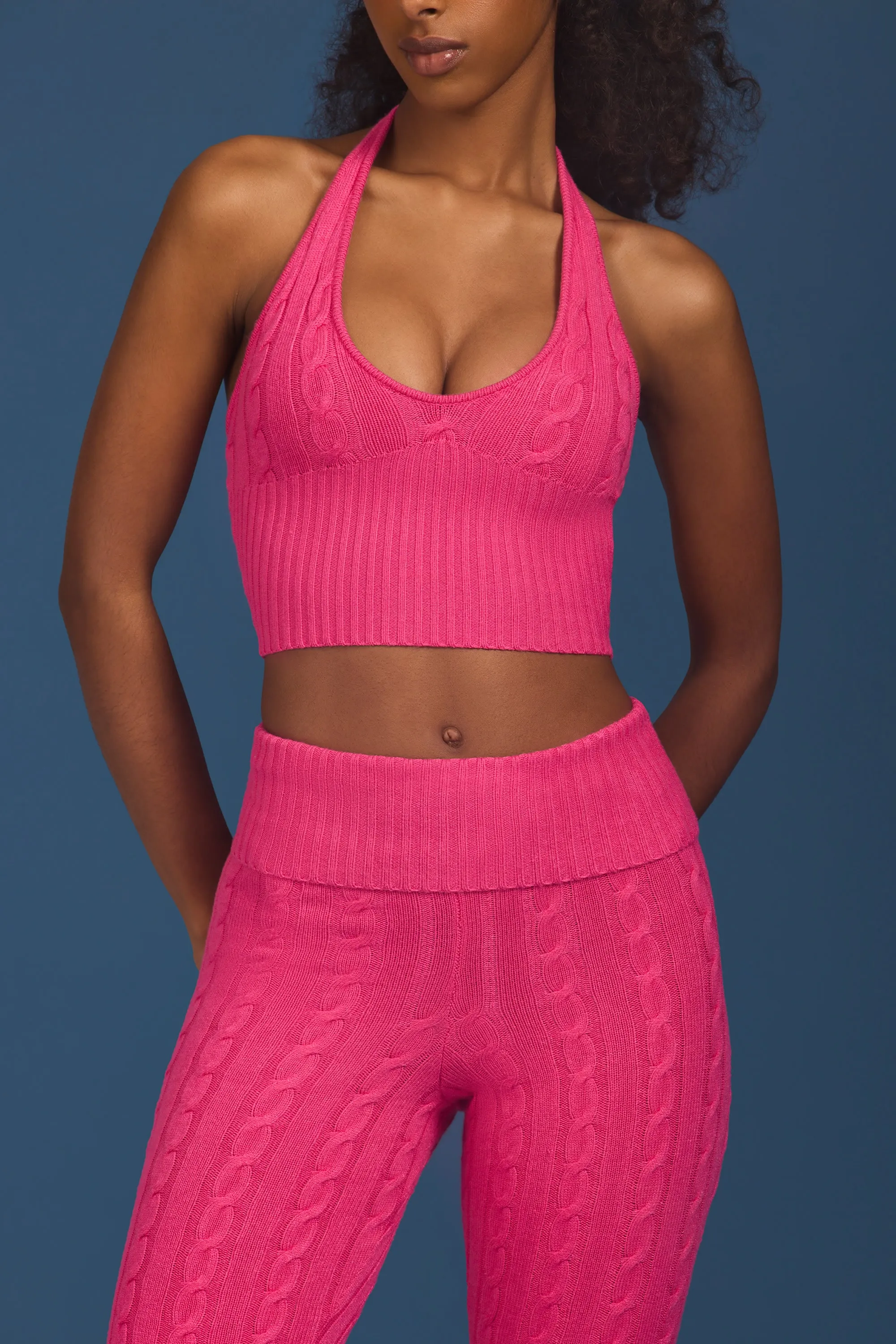 Cable-Knit Halterneck Crop Top in Hot Pink