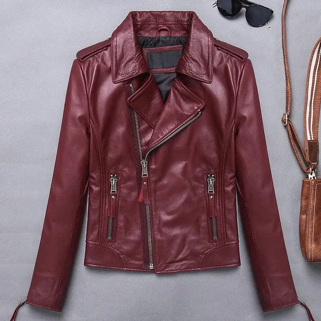 Candy Women Lambskin Genuine Leather Slim Short Motorcycle Biker Jacket