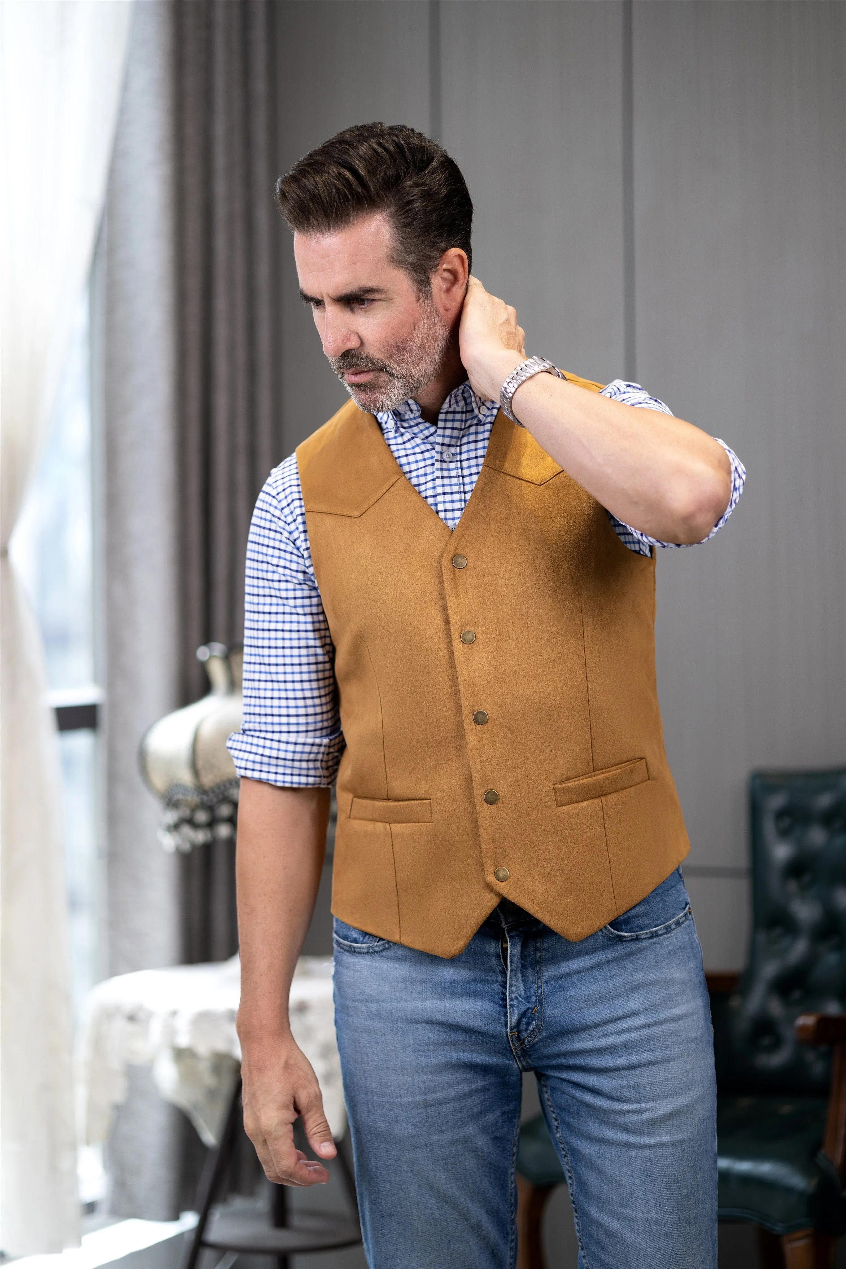 Casual Men's Suede Fashion Cowboy Suit Solid Vest V Neck Waistcoat