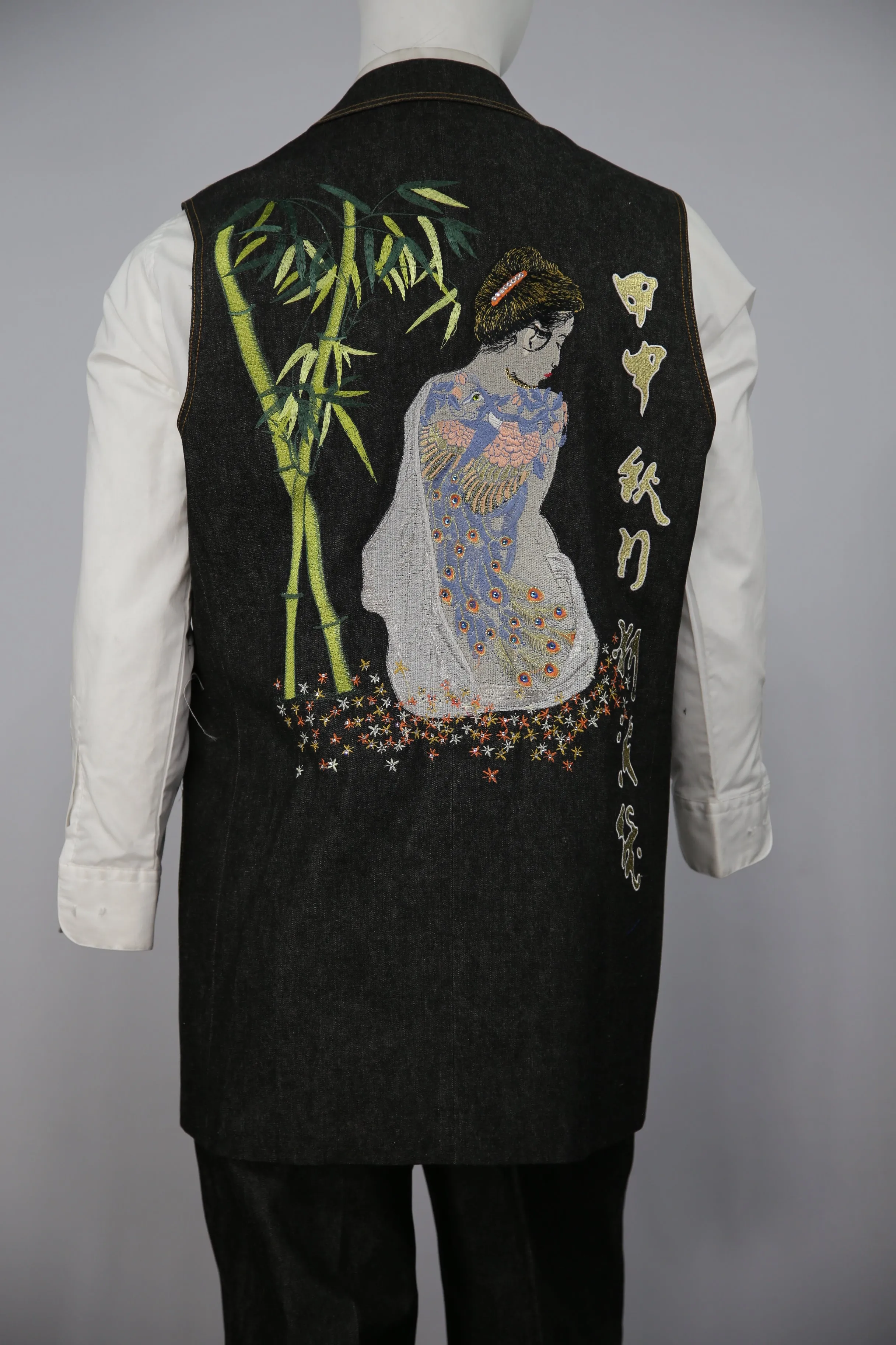 Chinese Muse Embroidered Denim 2pc Zoot Suit Vest Set