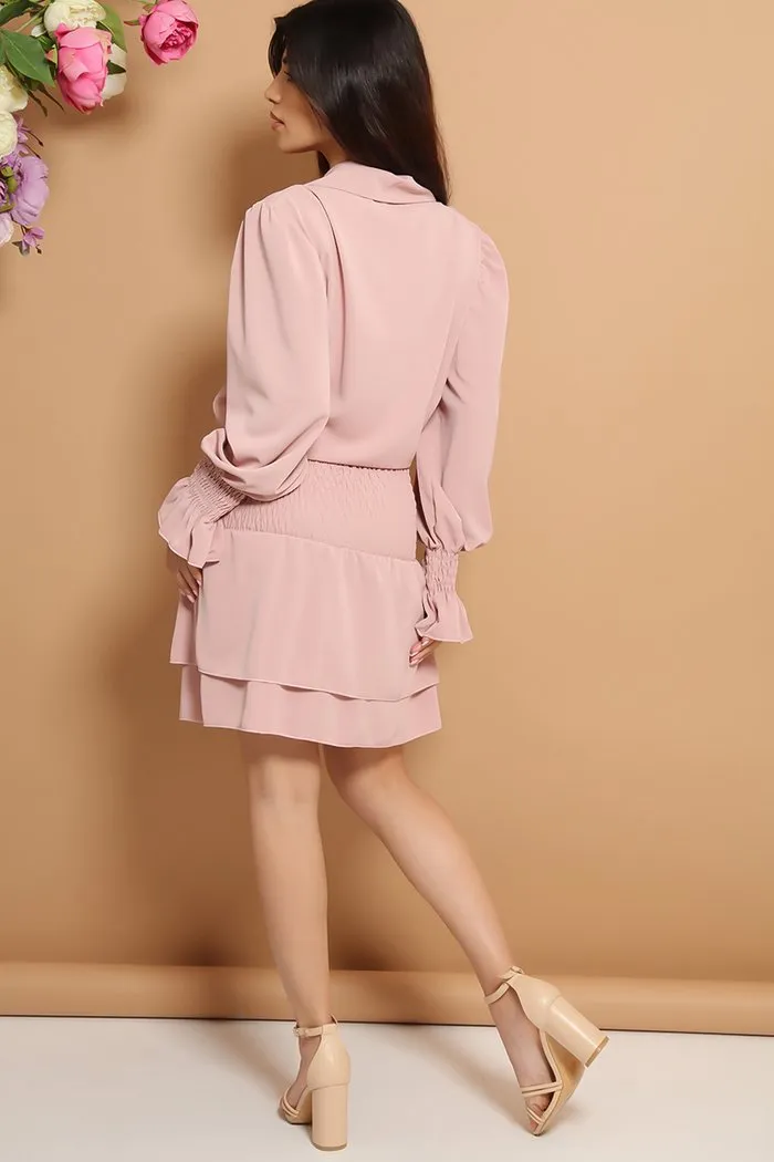 CLASSIC SHIRRED BLOUSE & LAYERED SKIRT PINK 2 PIECE SET