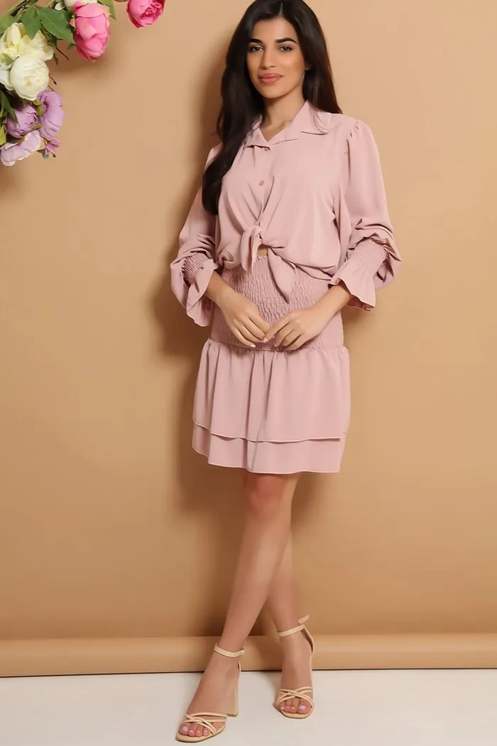 CLASSIC SHIRRED BLOUSE & LAYERED SKIRT PINK 2 PIECE SET