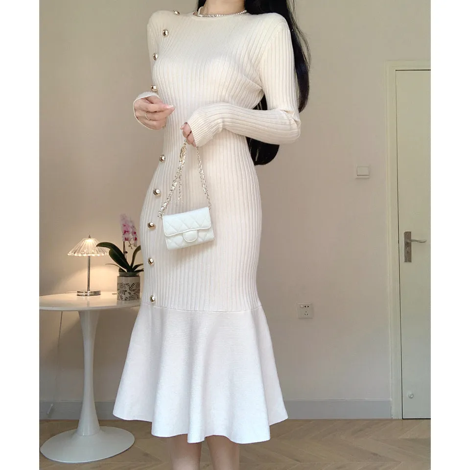 Diagonal Button Long Sleeve Mermaid Knit Dress