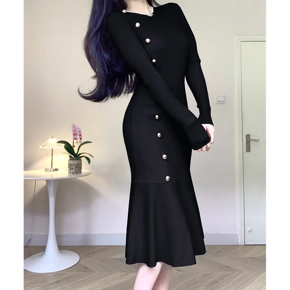 Diagonal Button Long Sleeve Mermaid Knit Dress