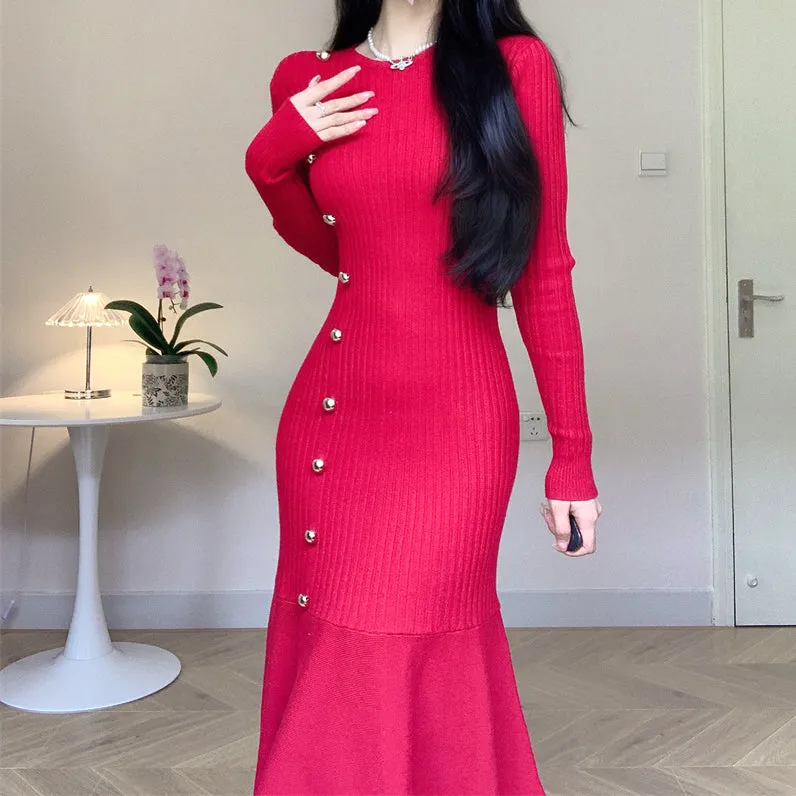 Diagonal Button Long Sleeve Mermaid Knit Dress