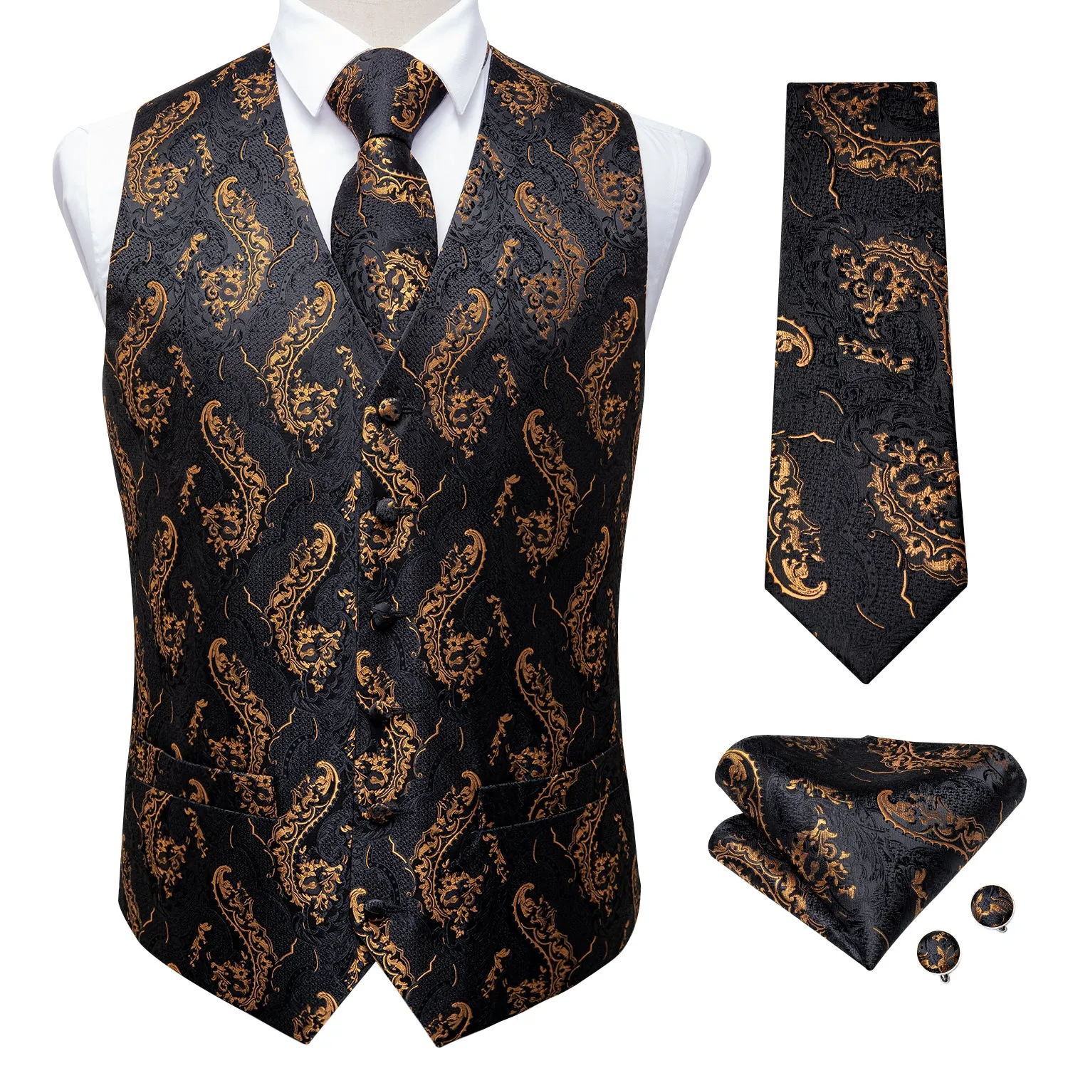 DiBanGu Mens Suit Vest Black Gold Floral Jacquard Silk Waistcoat Vest Tie Hanky Cufflinks