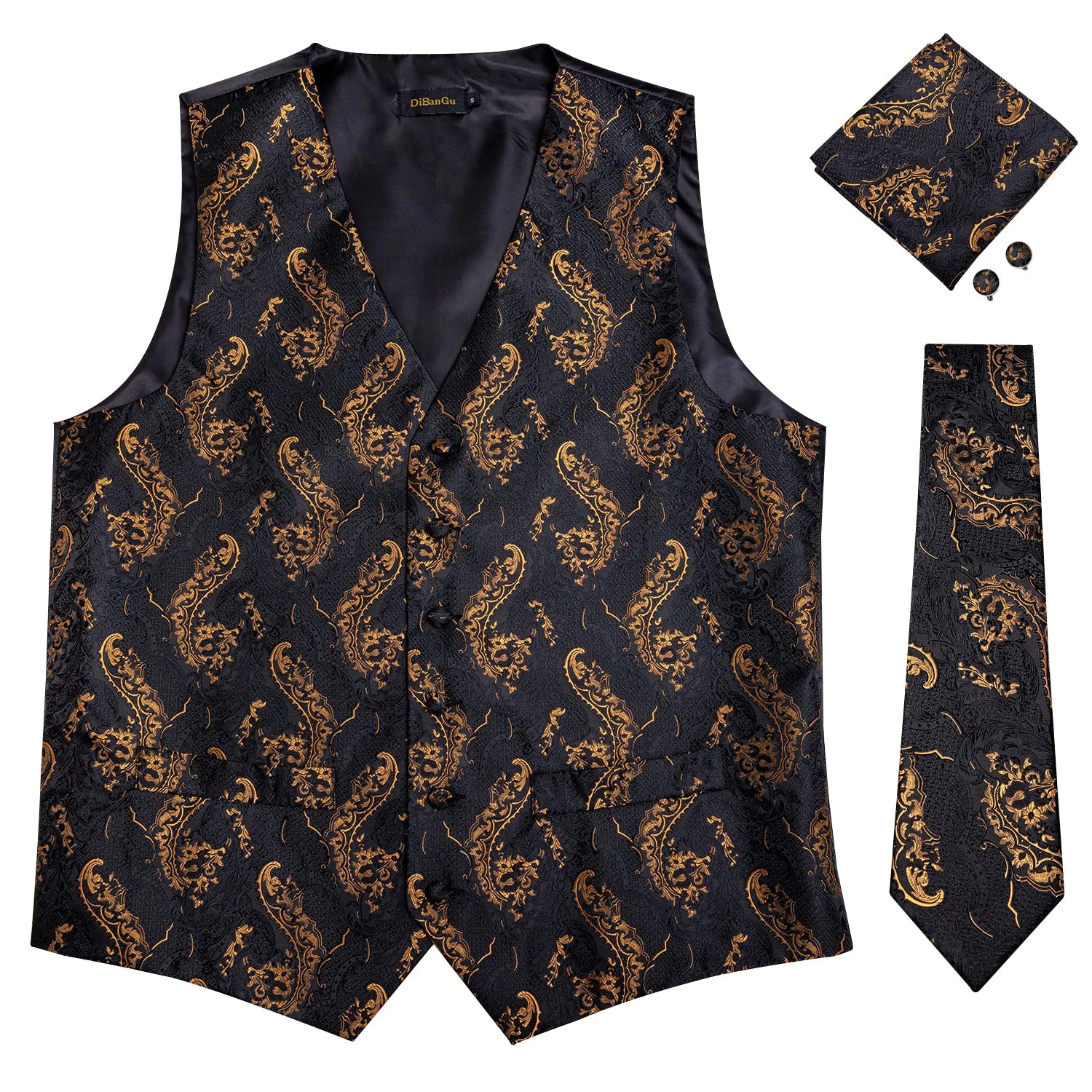 DiBanGu Mens Suit Vest Black Gold Floral Jacquard Silk Waistcoat Vest Tie Hanky Cufflinks