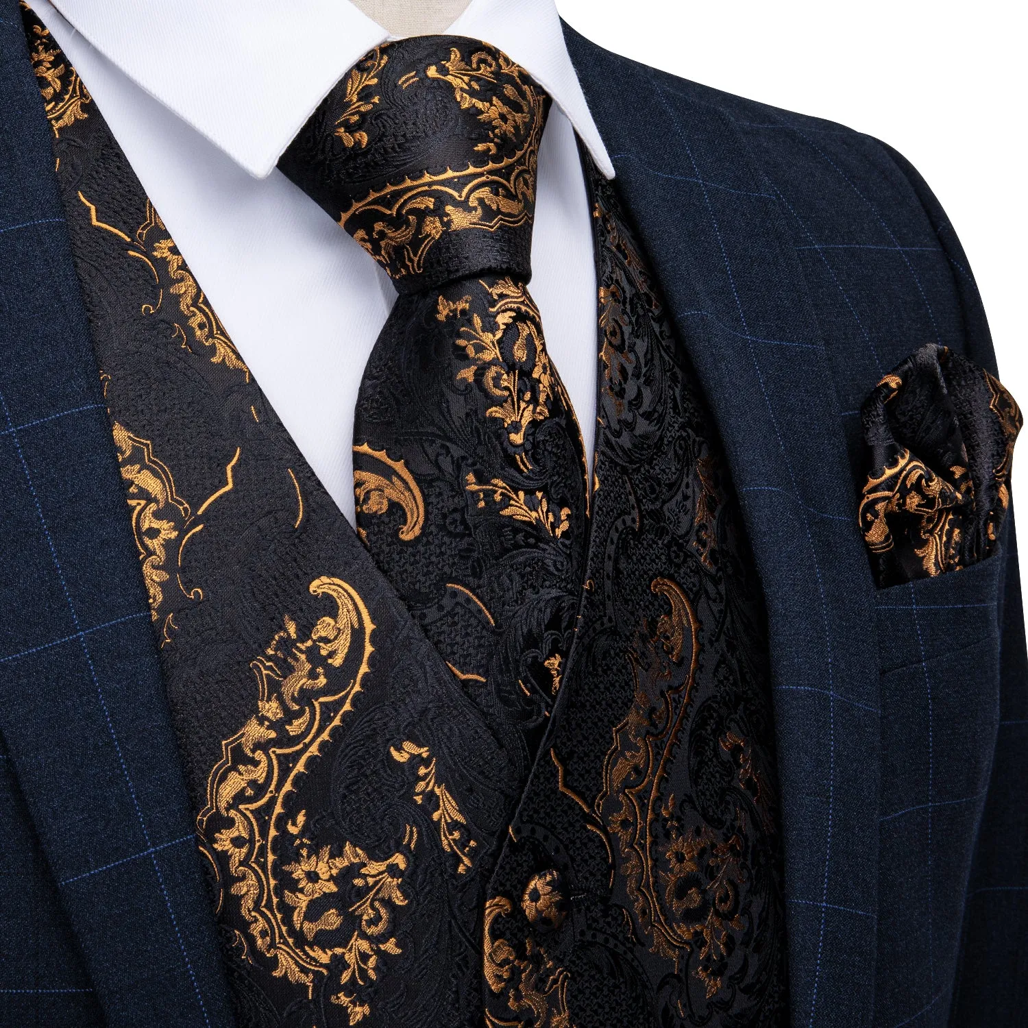 DiBanGu Mens Suit Vest Black Gold Floral Jacquard Silk Waistcoat Vest Tie Hanky Cufflinks