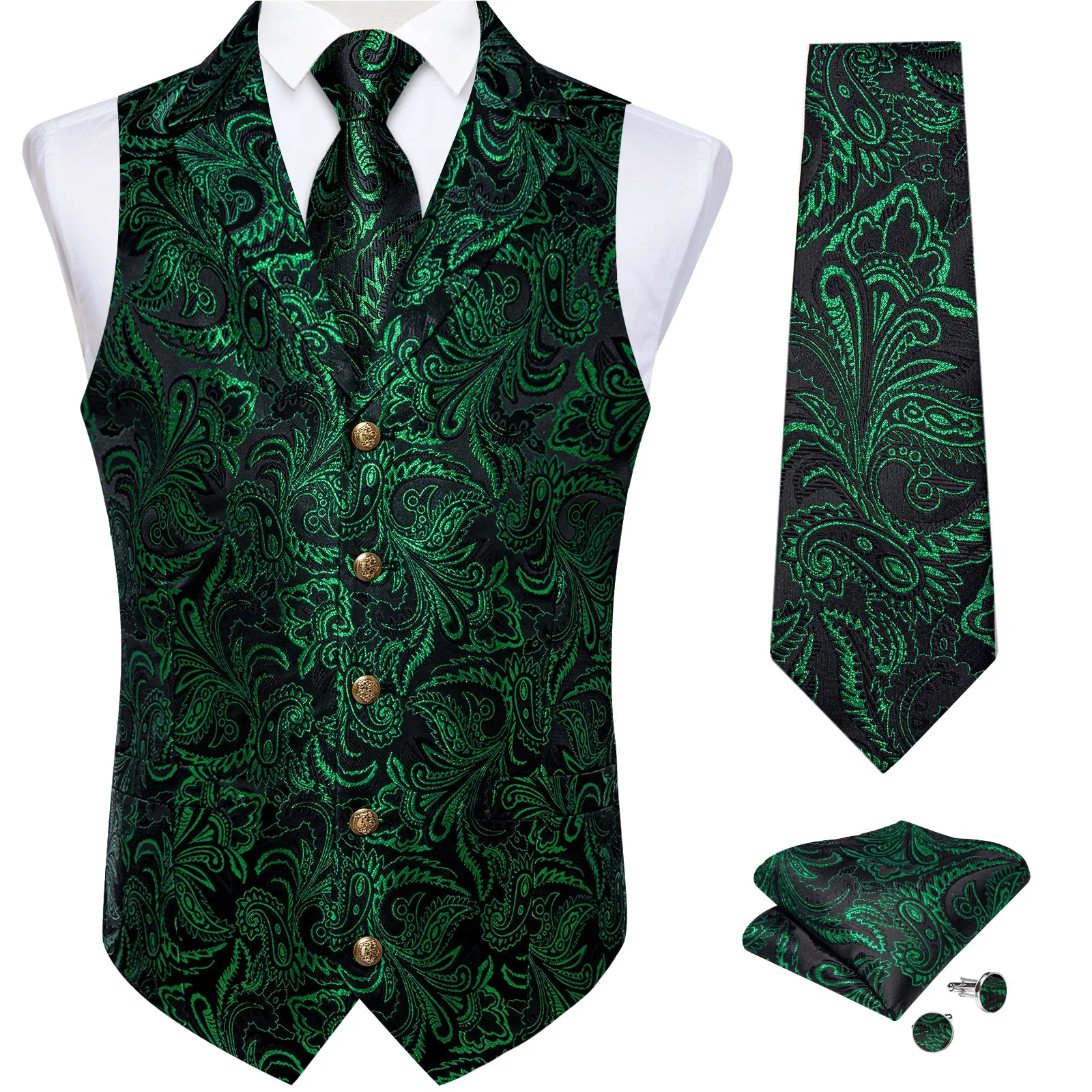 DiBanGu Notched Collar Vest Black Green Floral V Neck Mens Waistcoat Vest Tie Handkerchief Cufflinks Set