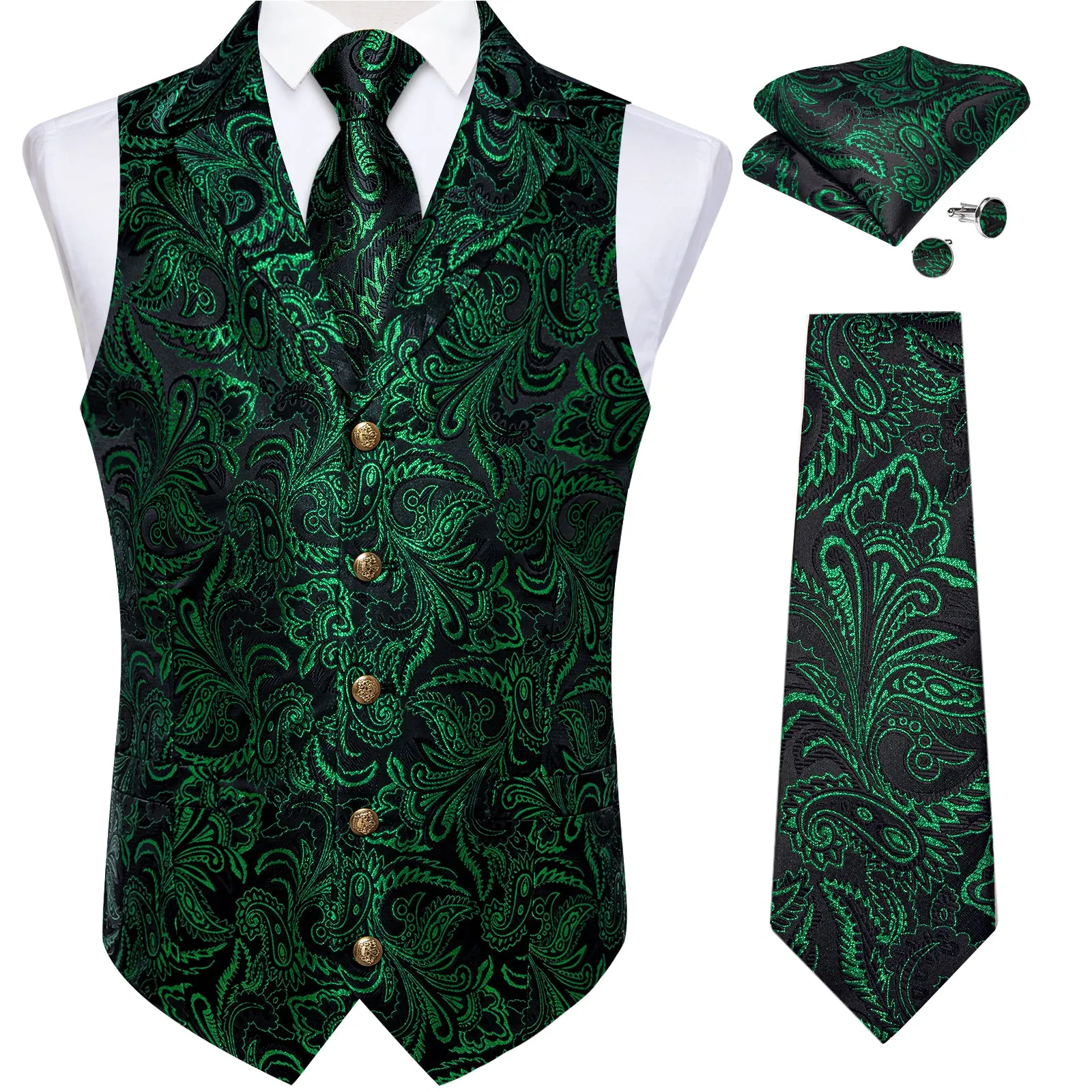 DiBanGu Notched Collar Vest Black Green Floral V Neck Mens Waistcoat Vest Tie Handkerchief Cufflinks Set