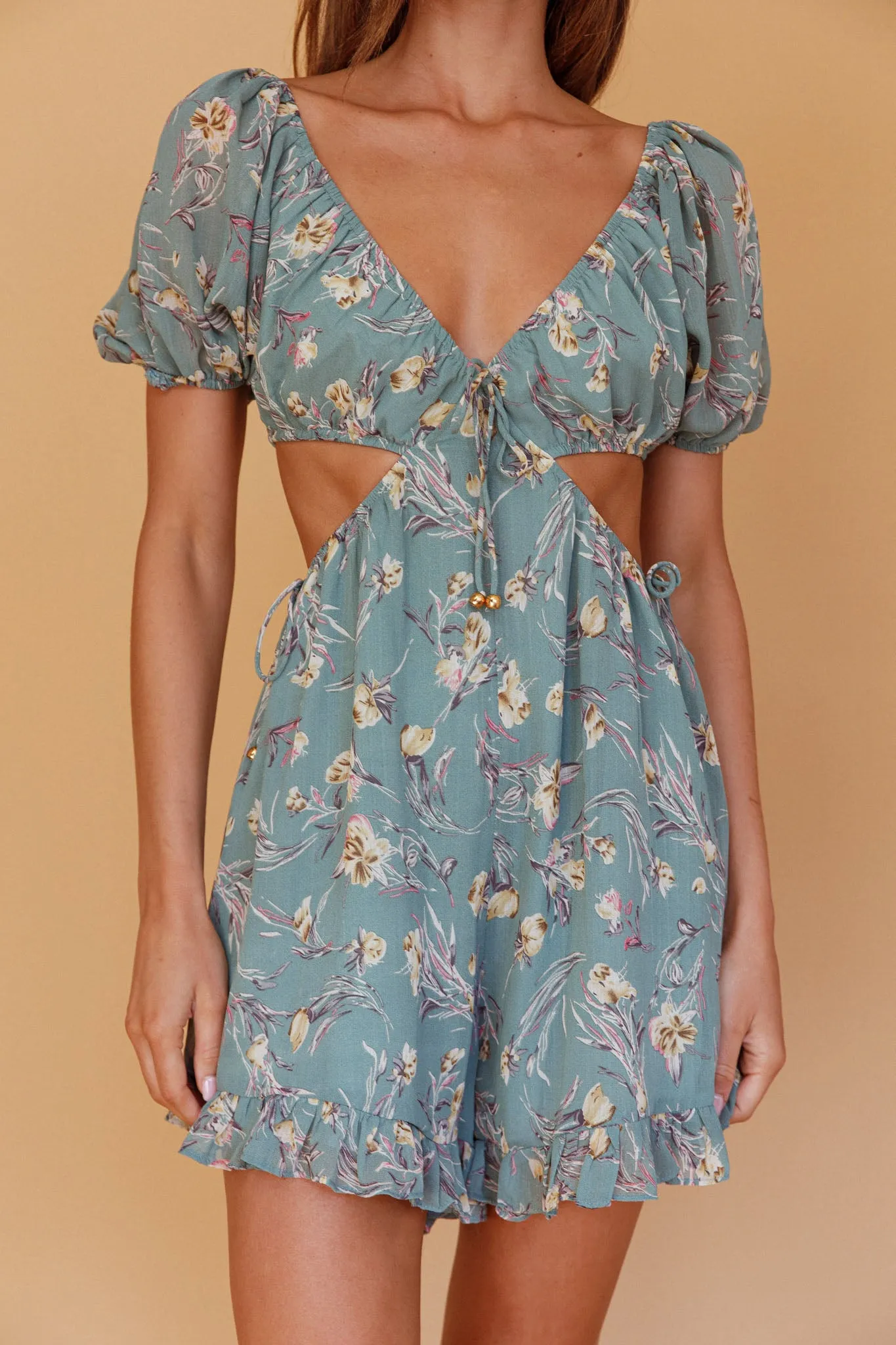 Fancy Free Cut-Out Waist Romper Floral Sage