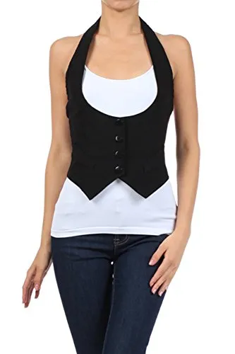 Fashion Secrets Black Suit Vest Classic Scoop Neck Halter Waistcoat (Large)