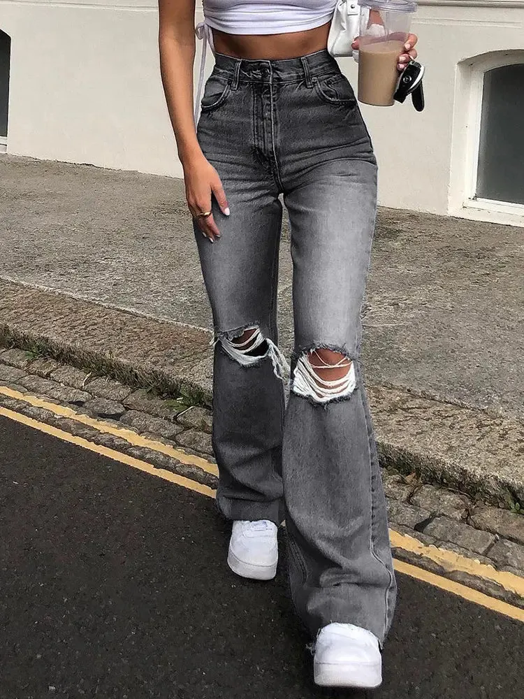 Flared Distressed Wide-Leg Jeans