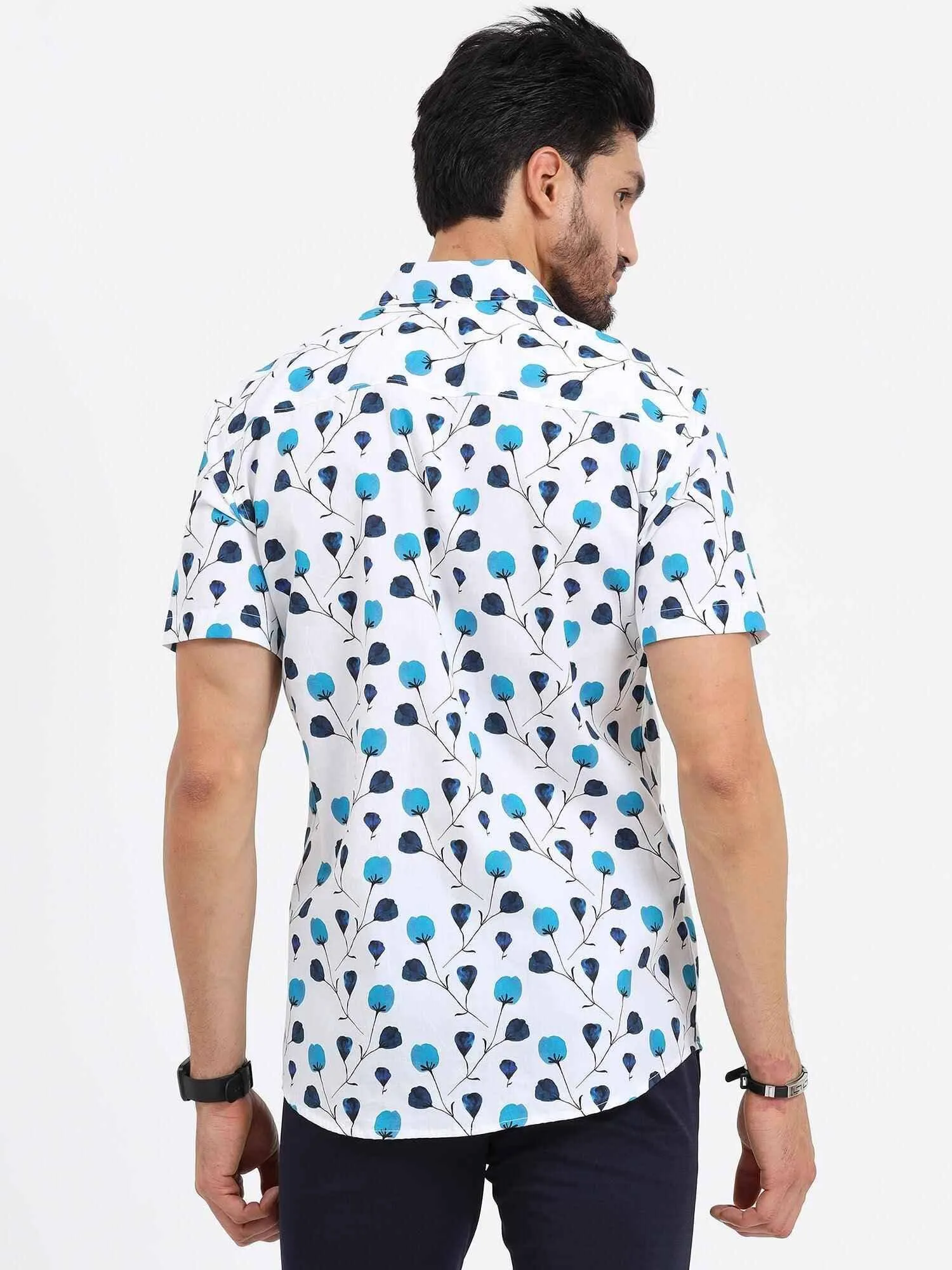 Frenso Blue Tulip Cotton Half Sleeve Shirt