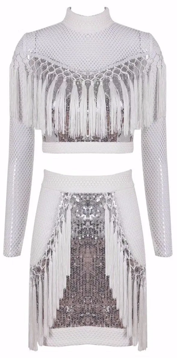 Fringed Sequined Stretch Mesh Top & Skirt Set