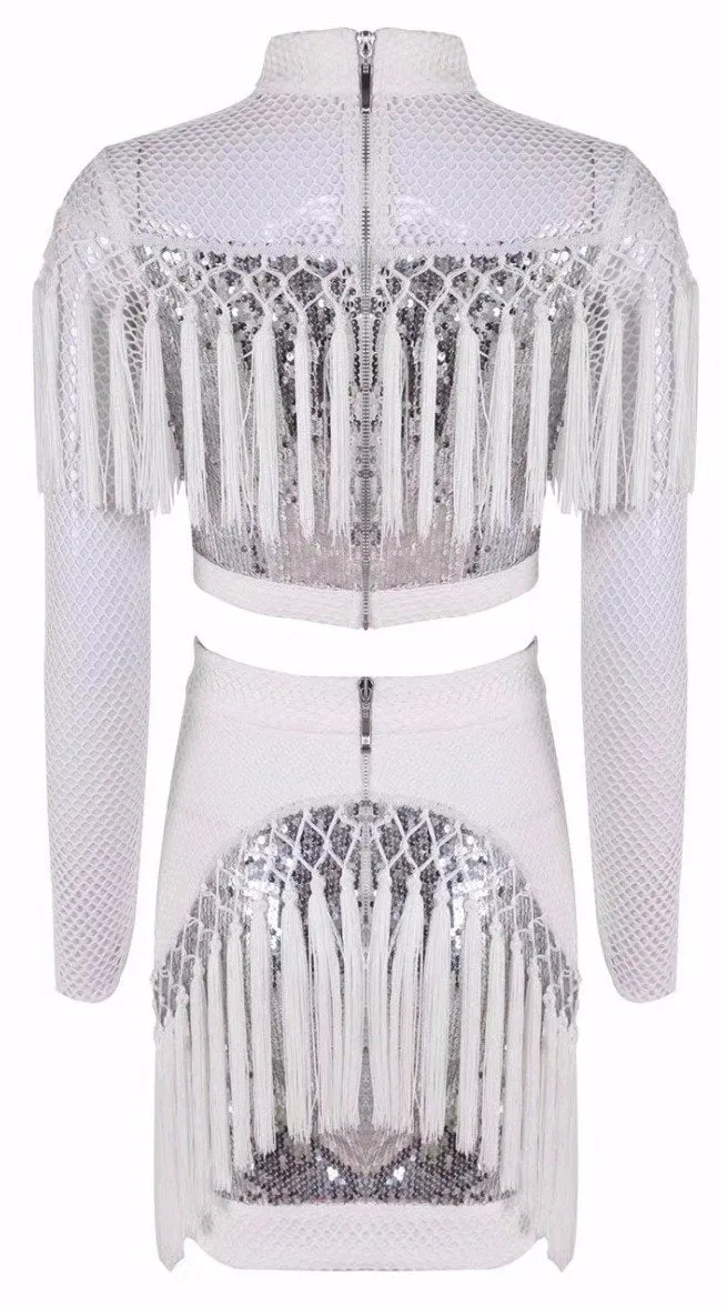 Fringed Sequined Stretch Mesh Top & Skirt Set