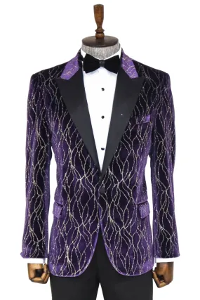 Gold Patterned Purple Men Singer Tuxedo  Blazer - Wessi