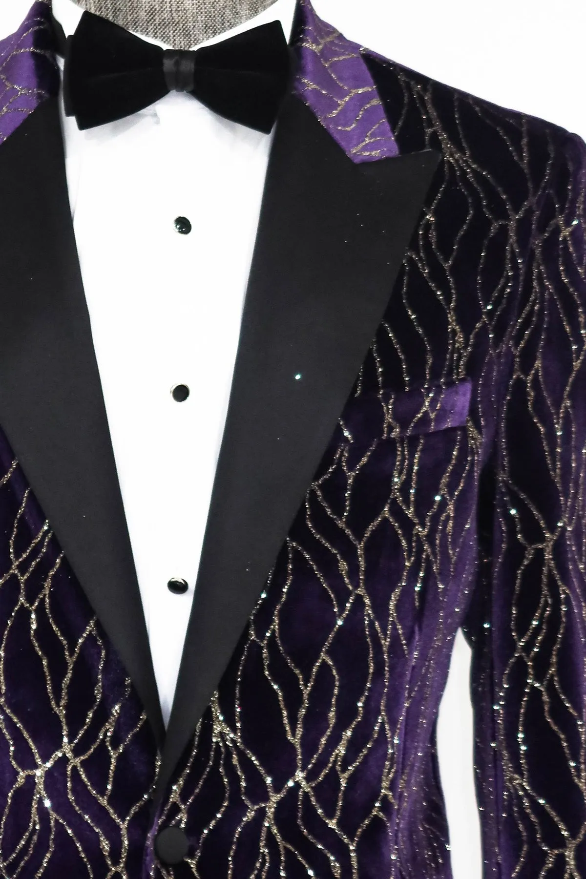 Gold Patterned Purple Men Singer Tuxedo  Blazer - Wessi