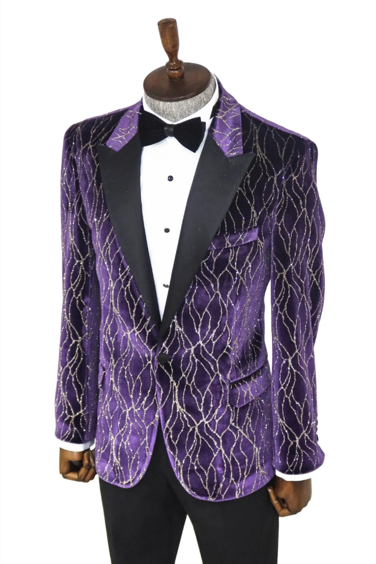 Gold Patterned Purple Men Singer Tuxedo  Blazer - Wessi